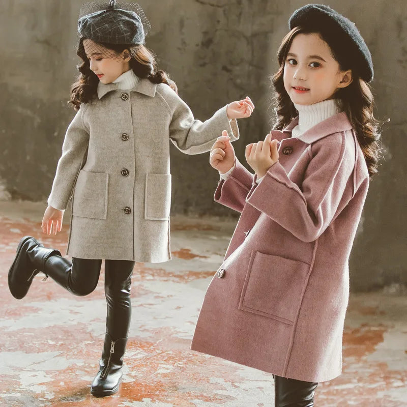 Girls Long Winter Coat - Vintage Style Beige Jacket for Ages 6-12