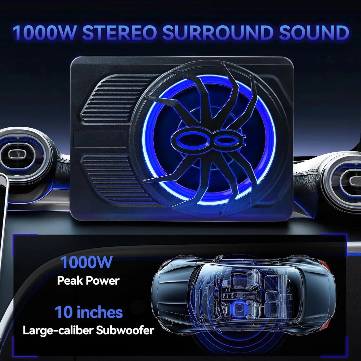 1000W 10" Slim Under Seat Subwoofer Spider Style Powered Bass Speaker with Amplifier Blue Light for Car Truck SUV