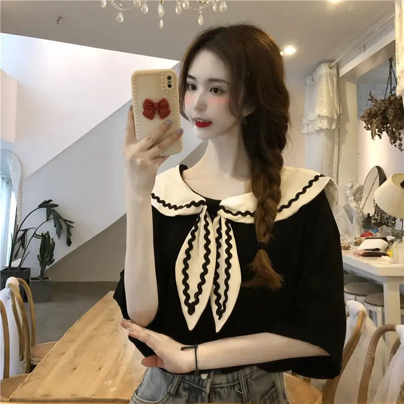 Sailor Collar T-shirts Women Baggy Kawaii Clothes Panelled Temper Designer Aesthetics Japanese Stylish Summer Vintage Футболка