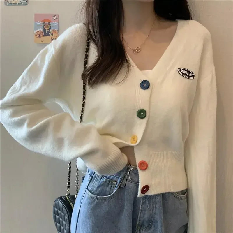 Cardigan for Women Long Sleeve Knitted Sweaters Sweater Cropped Crochet Kawaii V Neck Cardigans Woman Black Tops Cute 2025 Trend