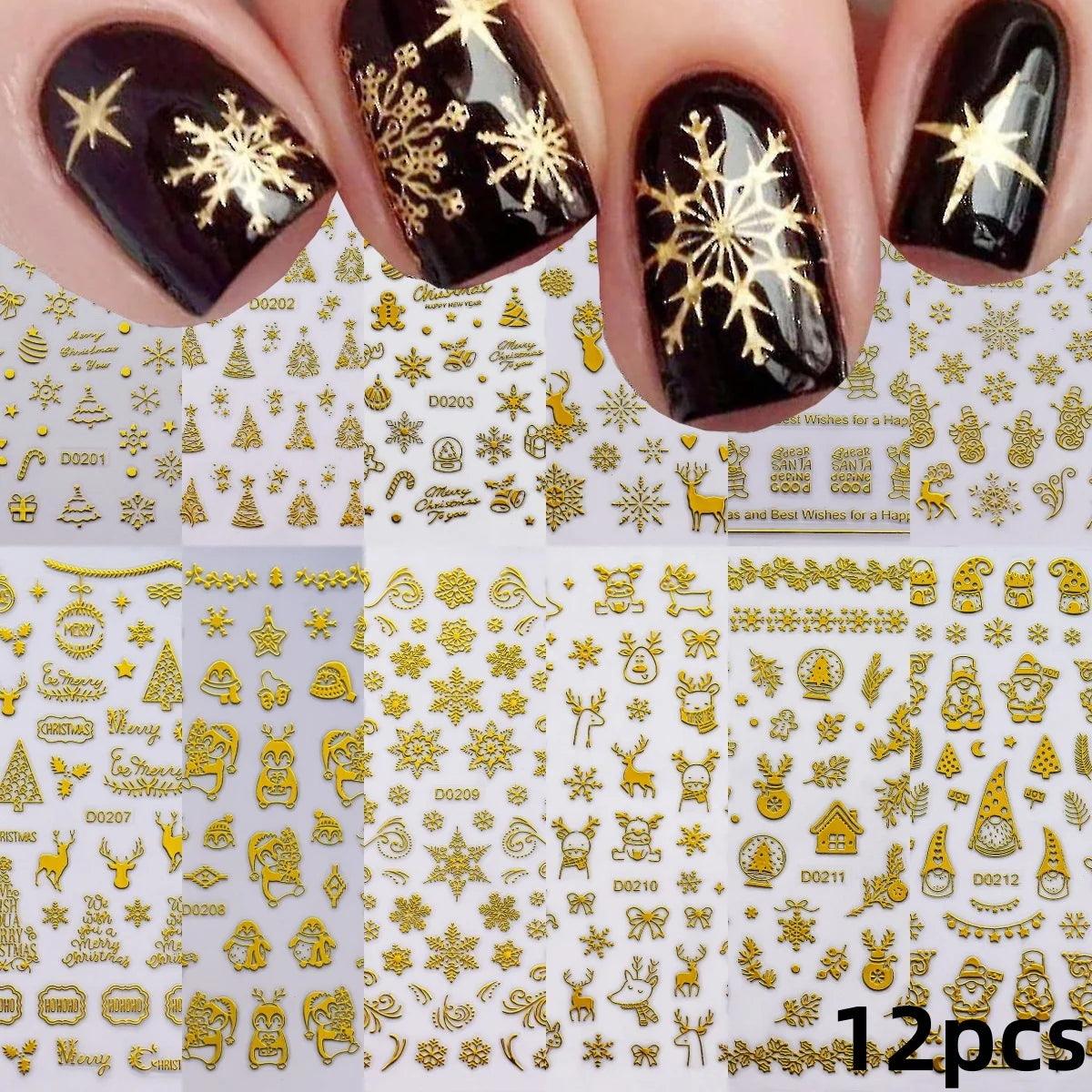 12pcs 3D Snowflake Nail Stickers Red Christmas Designs Nail Art Decals Geometric Lines New Year Winter Gel Foils Sliders Decors*