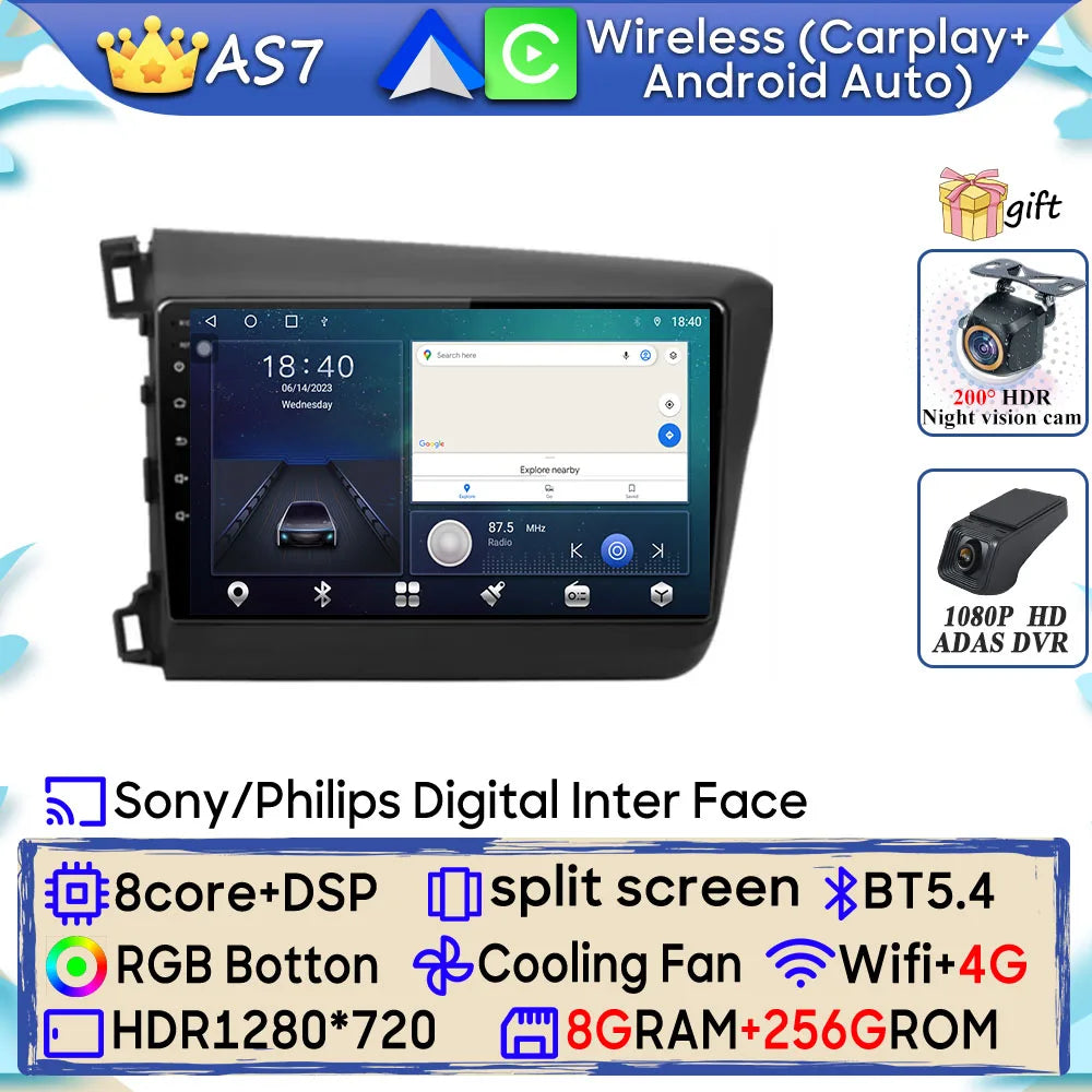 Car Stereo with Apple CarPlay & Android Auto, Compatible with Honda Civic 9 (2012-2015)