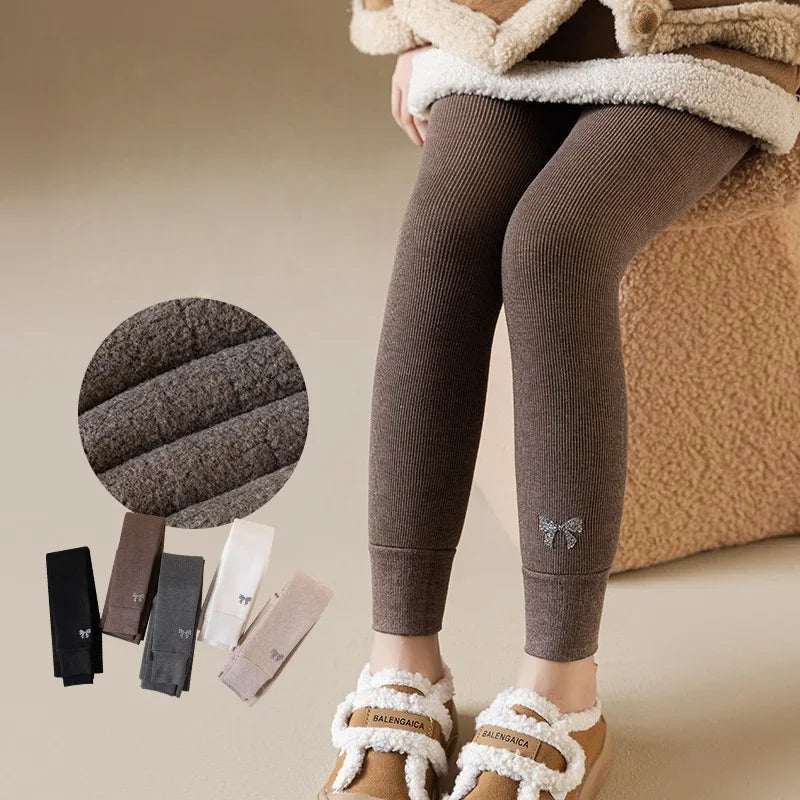 Girls' Fleece Lined Tights with Bow Embroidery - Winter Leggings 3-15Y