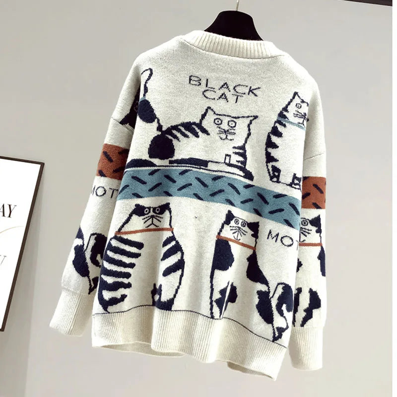 Women Cardigan Sweater Spring Autumn Long Sleeve V-Neck Wild Knitted Jacket Female Cartoon Printing Thick Sweater Cardigan Coat
