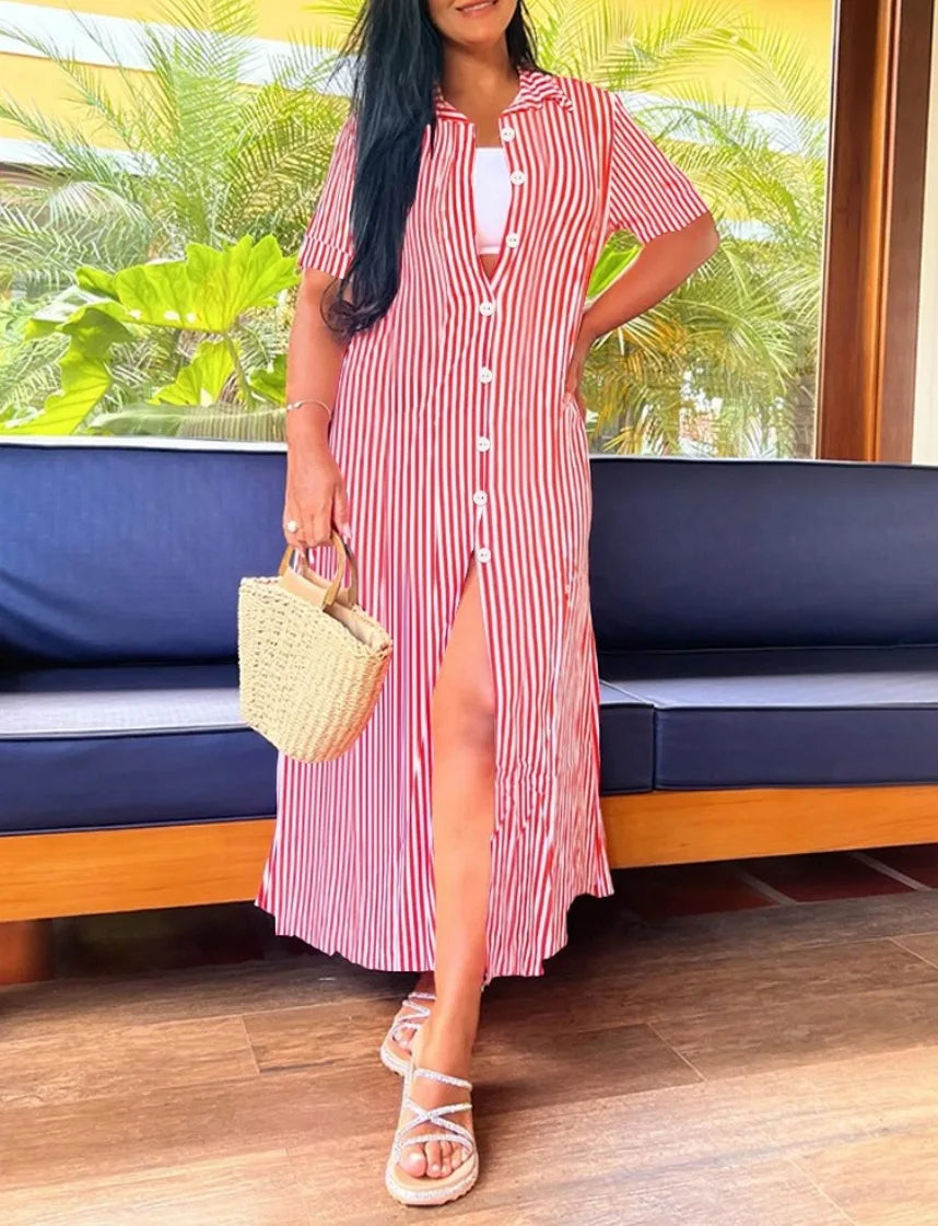 Women's Stripe Button-Front Maxi Dress with V-Neck and Side Slit - Loose Fit Casual Summer Shirt Dress in Pink, Blue, Black & Pr