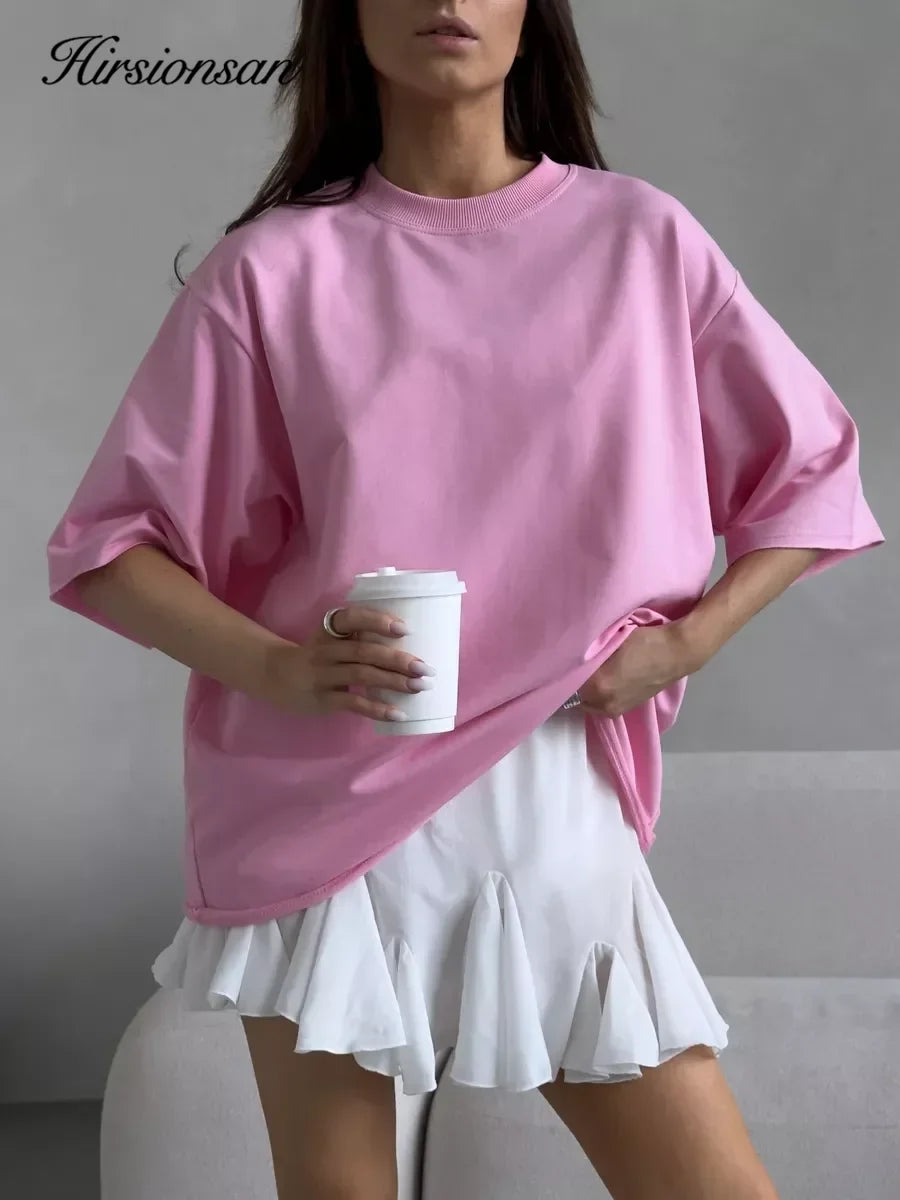 Hirsionsan Summer Casual Oversized T-shirts Women 100% Cotton Pink Loose Tees 2026 New Cusual Solid O Neck Female Aesthetic Tops