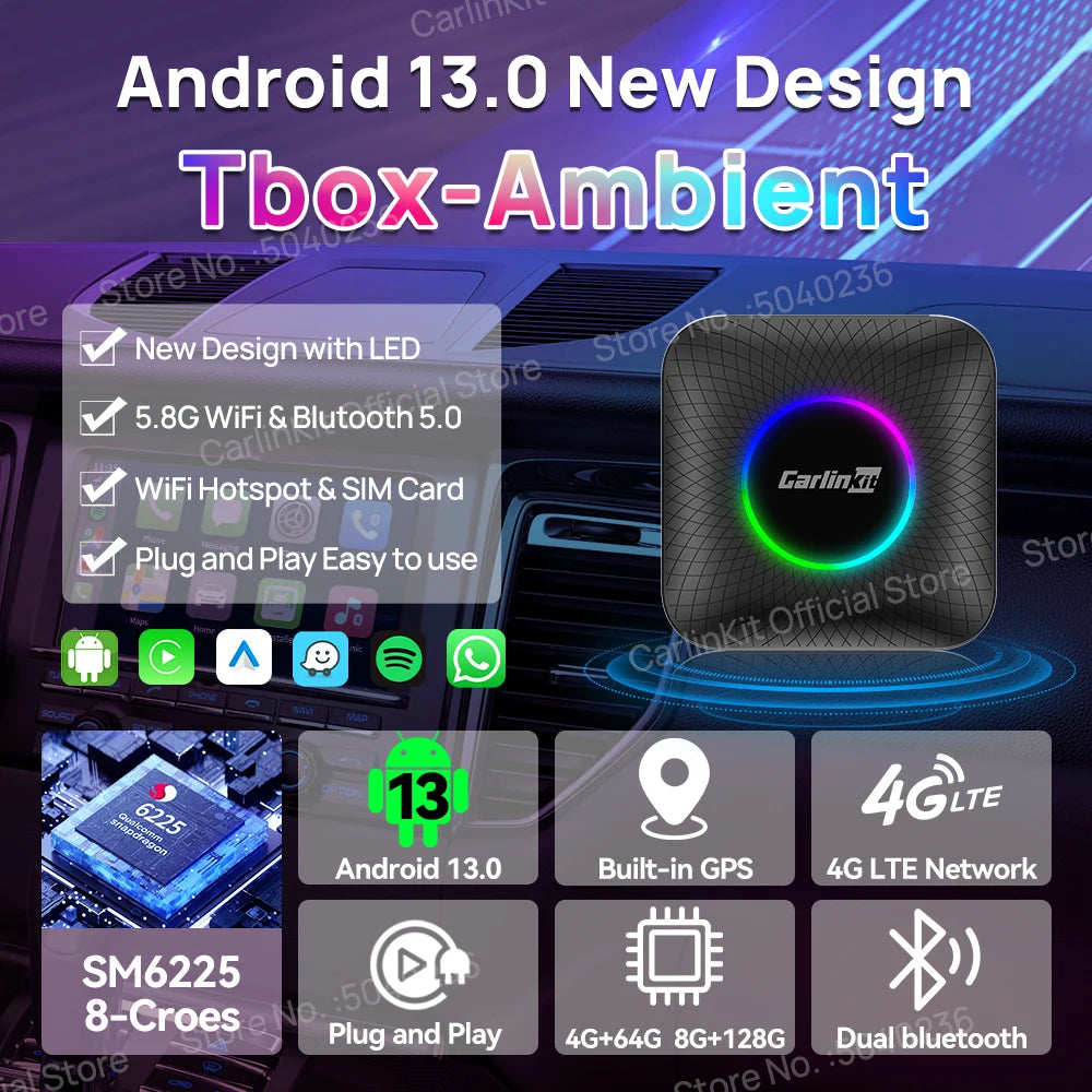 CarlinKit Android 13 CarPlay AI Box — Wireless CarPlay & Android Auto Adapter, 8-Core, Dual-Band WiFi, GPS