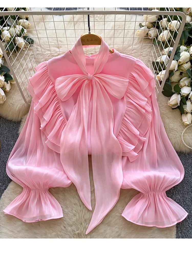 Women's Bow Chiffon Blouse - Ruffle Hem Long Sleeve Top - photo 2