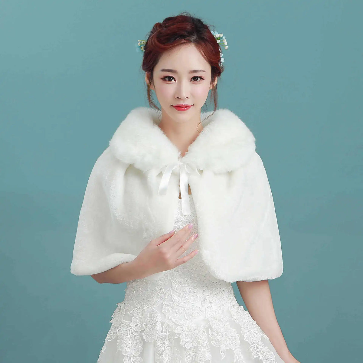 Women's Plush Bridal Shawl Cape - Elbow Length Wrap with Bow - photo 5