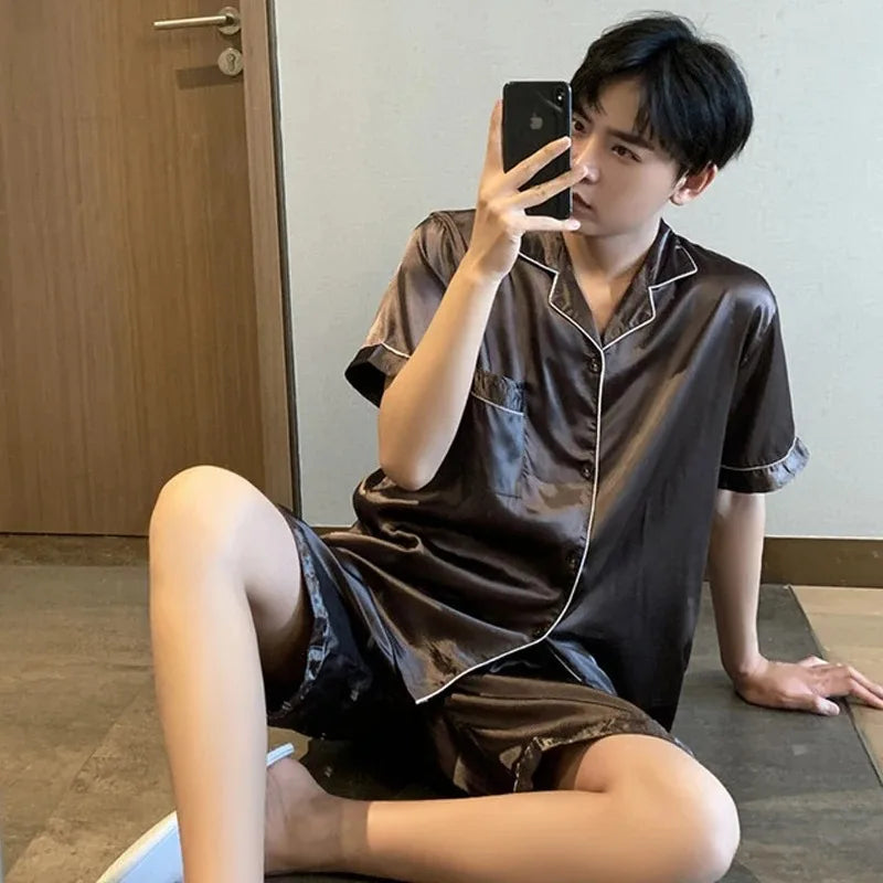 Women's & Men's Satin Pajama Set - Short Sleeve, Solid Colour