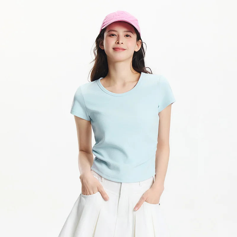 Semir Short Sleeve T-Shirt Women Cropped Slim Fit Shoulder Fit Design 2026 New Summer Embroidered Top Versatile for Chic Outfits