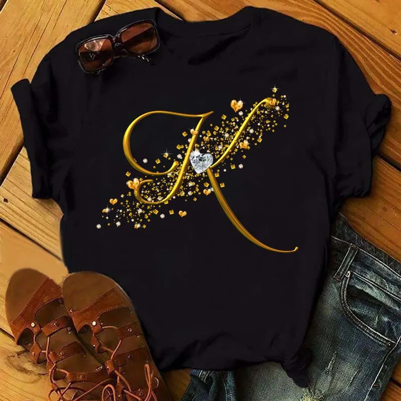 Women's Personalized Letter Graphic Tee — Gold Diamond-Font Monogram Short-Sleeve Top