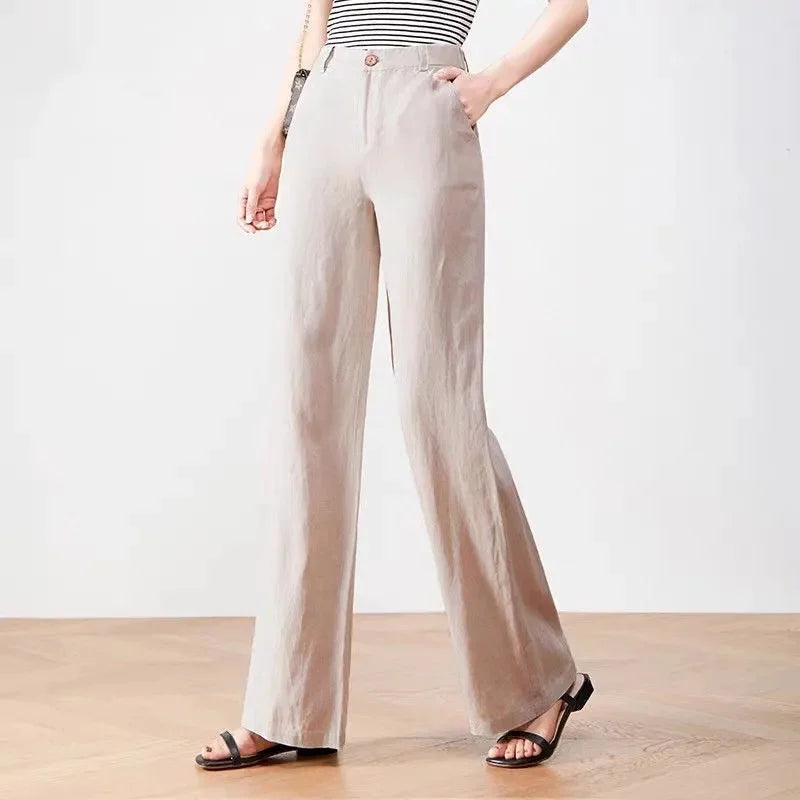 Cotton Linen Wide Leg Pants Lady New Spring Summer Thin Casual Solid Long Pants Women Elastic High Waist Loose Straight Trousers