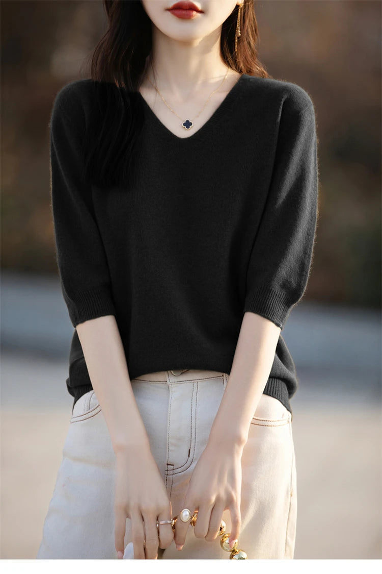 RONGYI Spring/Summer 2026 Ladies Sweater Pullover Solid Color V-neck Half-sleeved Knitted Cashmere Sweater Thin Casual Top