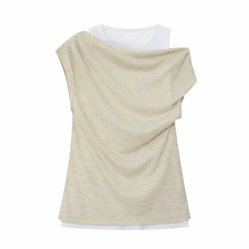 ETJ 2026 new  women's fashion color-blocking and patchwork fake two-piece sexy off-the-shoulder short-sleeved T-shirt top