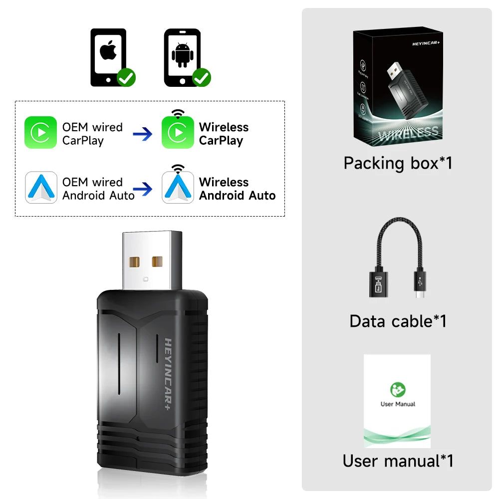 2026 HEYINCAR 2in1 Wireless Android Auto Adapter Carplay Smart Dongle Plug and Play For Kia Volvo Audi MG Opel VW Hyundai Jeep