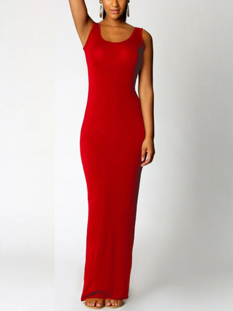 Sexy Solid Color Slim Bodycon Long Maxi Dress Women Elegant Sleeveless Skinny Dress Club Party Vestidos