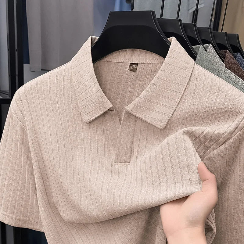 Men's Ribbed Lapel Polo - Soft Stretch, All-Season Casual