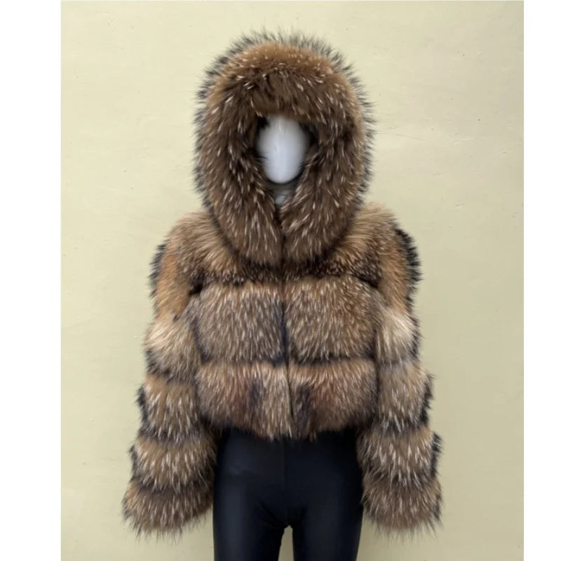 Women's Short Raccoon Fur Coat, Winter Jacket