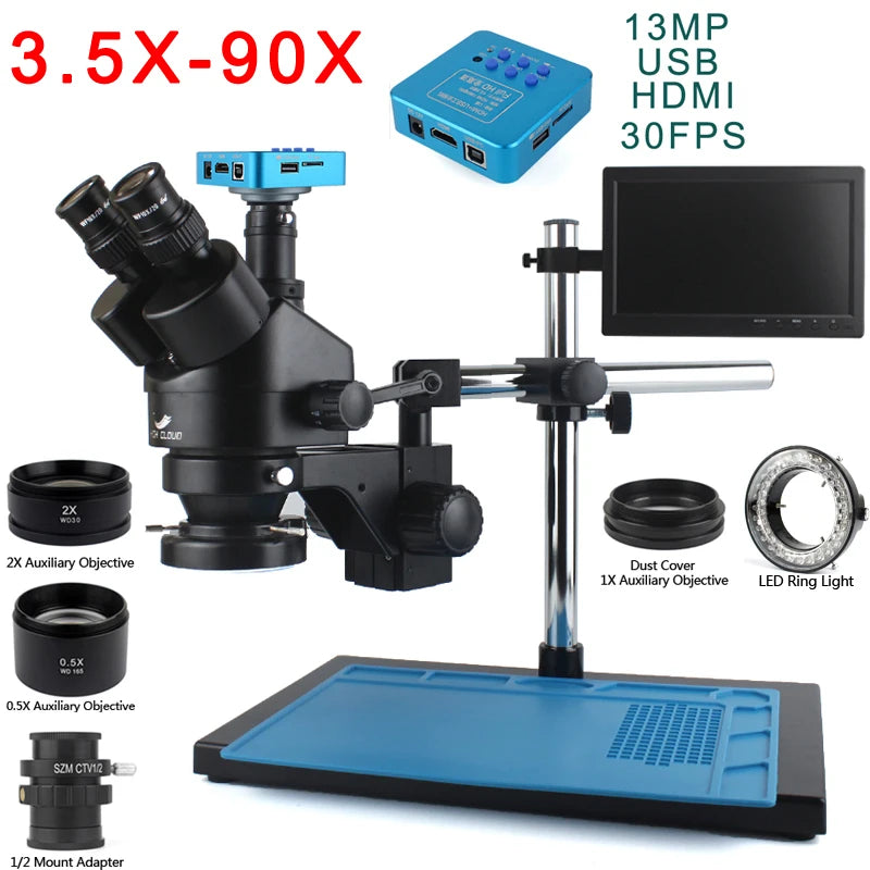 Trinocular Stereo Microscope — 3.5X–90X, 48MP 4K HDMI Camera
