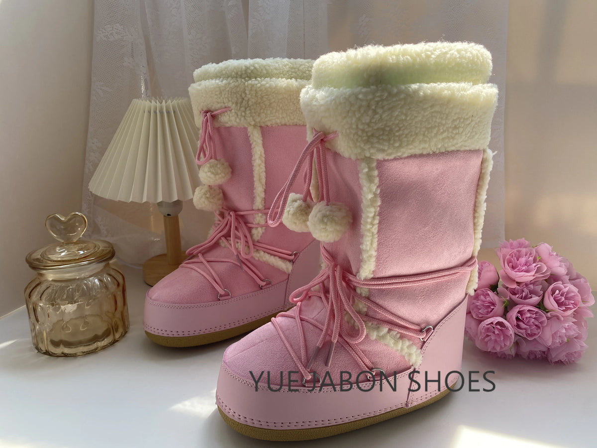 Women's Pink Plush Lace-Up Snow Boots, Platform