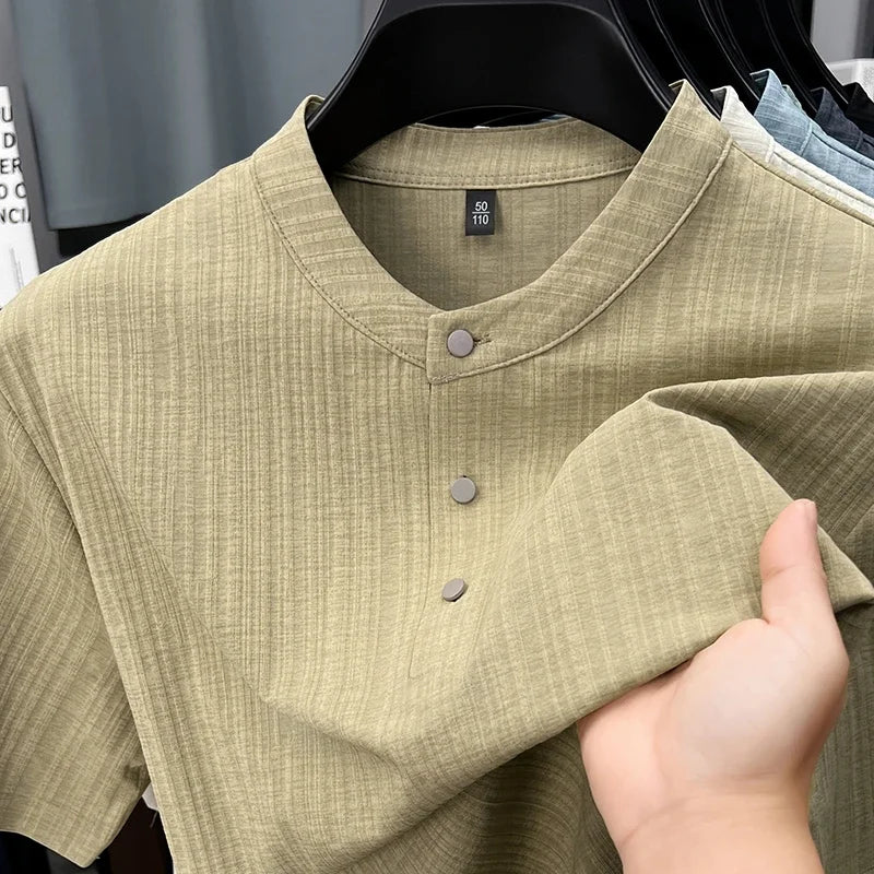 Men's Mandarin Collar Henley - Three-Button, Breathable Slim Fit