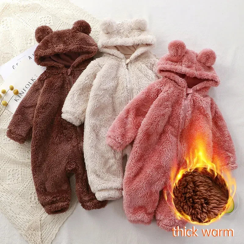 Coral Fleece Bear Baby Jumpsuit - Hooded Infant Winter Overall