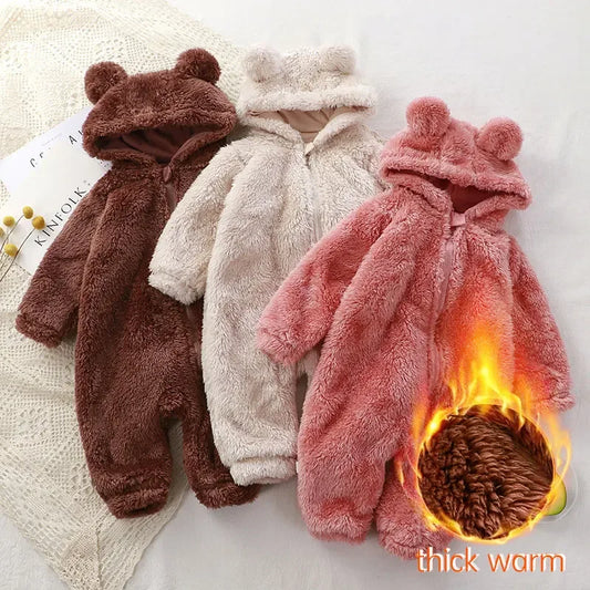 Coral Fleece Bear Baby Jumpsuit - Hooded Infant Winter Overall