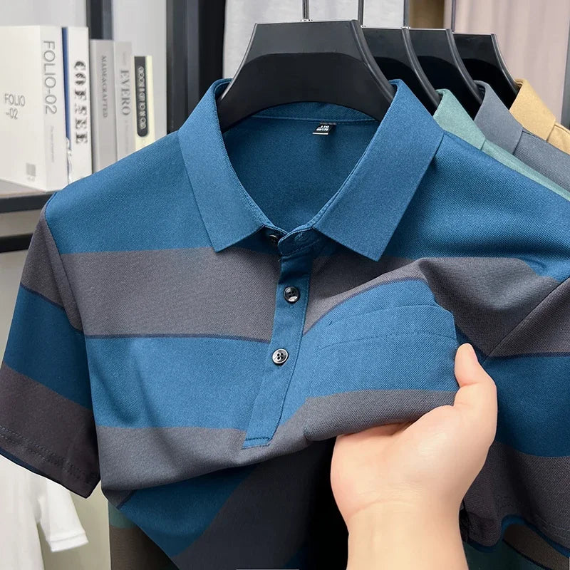 Men's Striped Mesh Polo - Lapel Three-Button, Anti-Wrinkle Knit