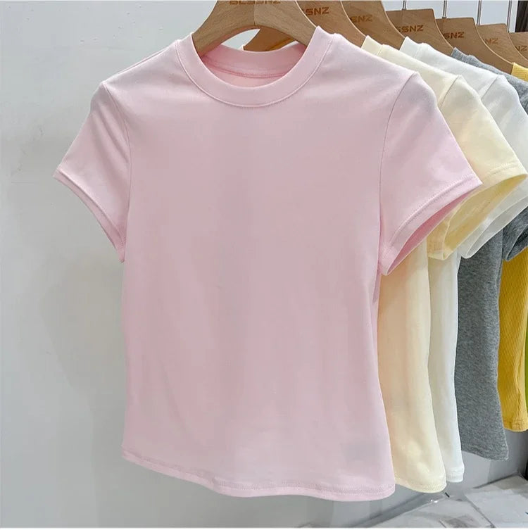 Zjaiss 2026 O-Neck Fashion T-Shirt Summer Sexy Basic Top Solid Short Sleeve Womens Tshirt Casual Korean Tee Streetwear