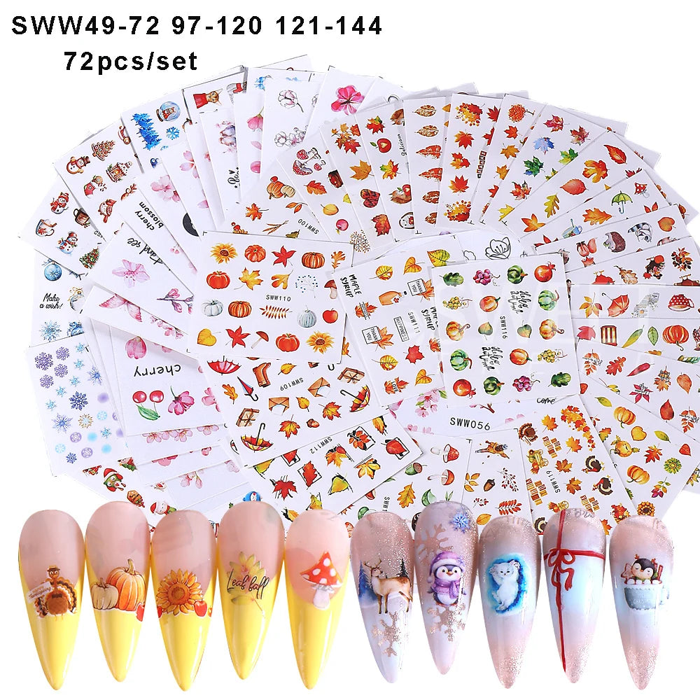 72pcs/set Autumn Christmas Nail Art Stickers Cartoon Animal Sakura Flowers Pumpkin Maple Nail Slider Water Decals Manicure Tips