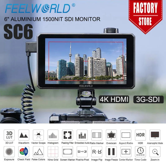 FEELWORLD SC6 6-inch Photography Video Monitor 1500NIT High Brightness 3G SDI HDMI 4K60Hz 1920X1080 IPS Screen Aluminum Shell