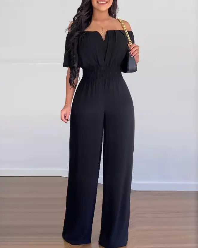 Jumpsuits for Women 2026 Spring Fashion Off Shoulder Casual Plain Short Sleeve Shirred Waist Daily Long Wide Leg Jumpsuit 2026