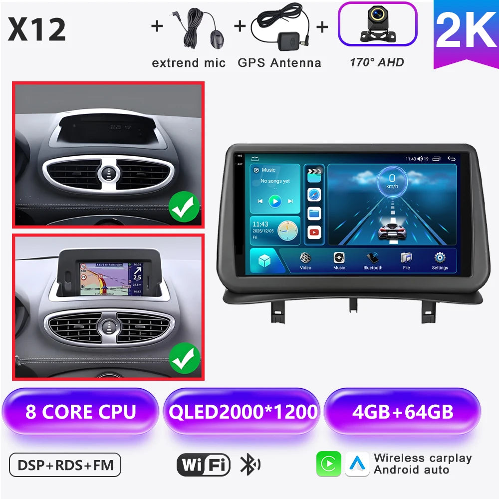 Android 16 Auto Car Radio For Renault Clio 3 2005-2014 Wireless CarPlay 4G Multimedia Player Navigation GPS Autoradio BT No 2din
