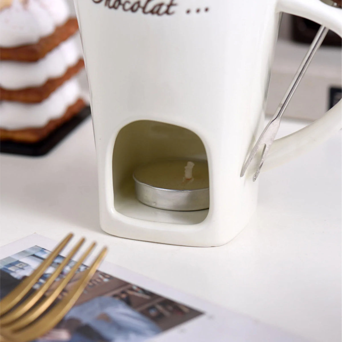 Ceramic Chocolate Melting Mug with Fork - Fondue and Butter Warmer Pot - photo 5