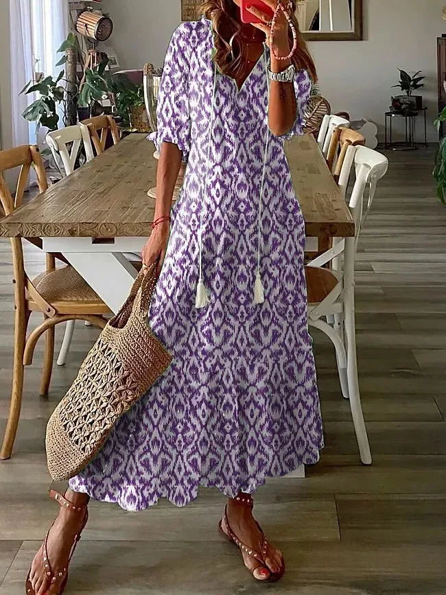 Women's Boho Maxi Dress – Casual V-Neck Drawstring Long-Sleeve Printed Bohemian Dress
