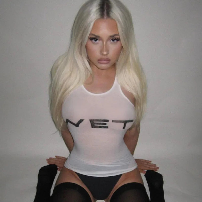 New 2026 Spring Women Sexy Tank Tops subtranslucent slim Tops Letter Printed White Women's Racerback Vest Summer Clothes