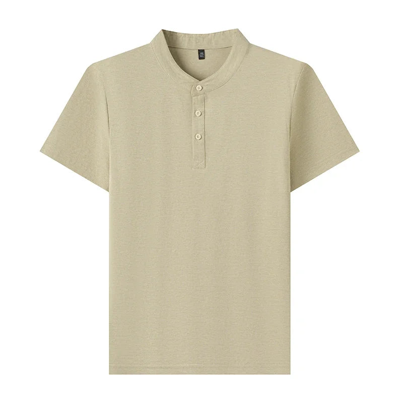 Men's Mandarin Collar Henley - Short Sleeve, Breathable Slim Fit