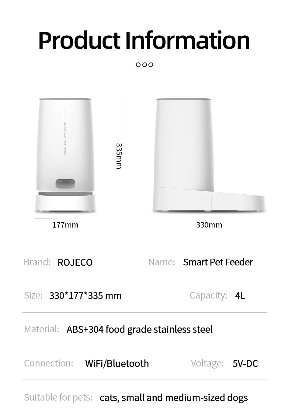 ROJECO Smart WiFi Automatic Cat Feeder – 4L Remote Control Kibble Dispenser for Cats & Dogs | Single & Dual Bowl