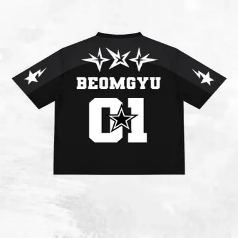 Bandai TXT Jersey Style T-shirt, Black Star Printed Streetwear, Neutral Casual Short Sleeved T-shirt Suitable for K-pop Fans