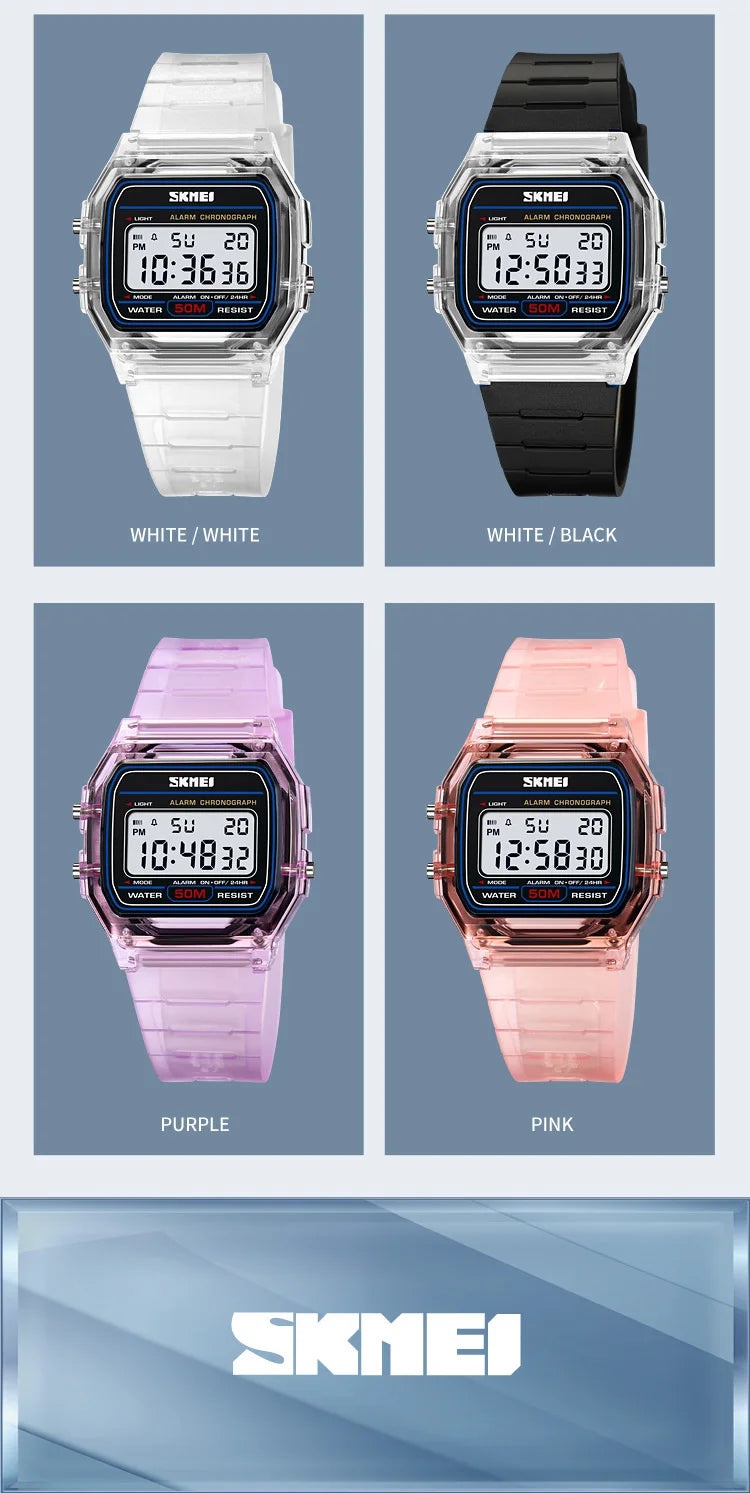 Skmei Women Digital Watches Fashion Transparent Case TPU Strap Led Waterproof Swimming Sports Wristwatch Female Alarm Clock