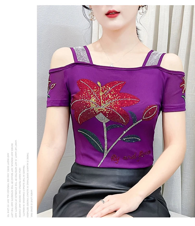 Women's Off-Shoulder Rhinestone Mesh Top