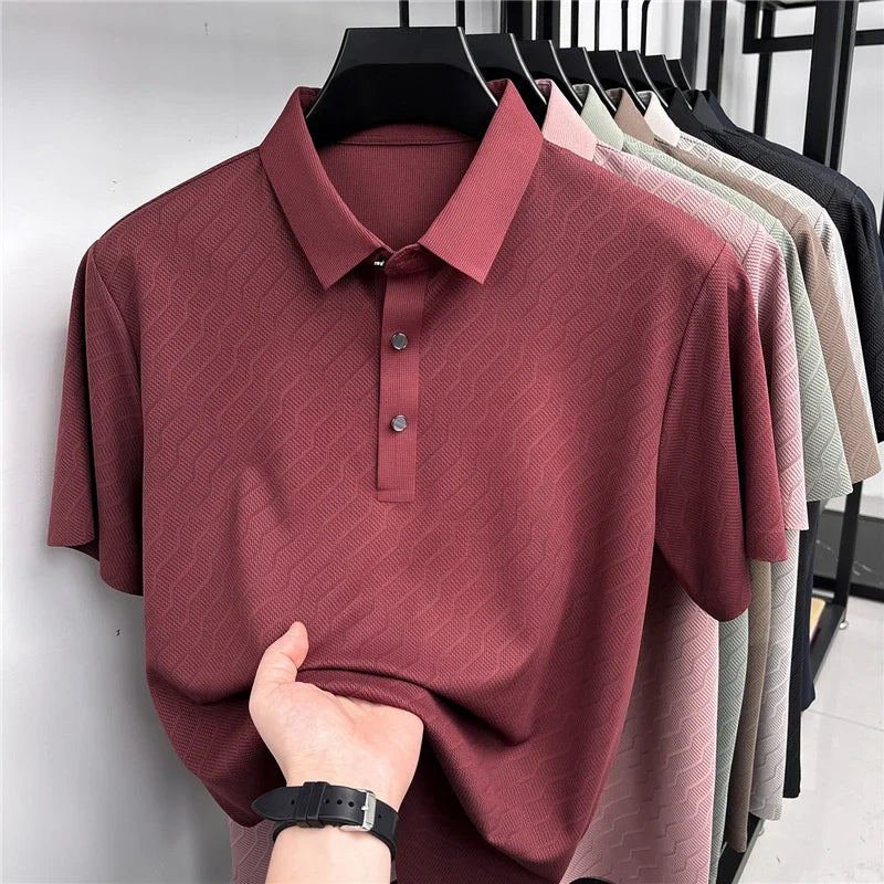 Men's Wavy-Texture Mesh Polo - Sweat-Wicking Lapel, Lightweight