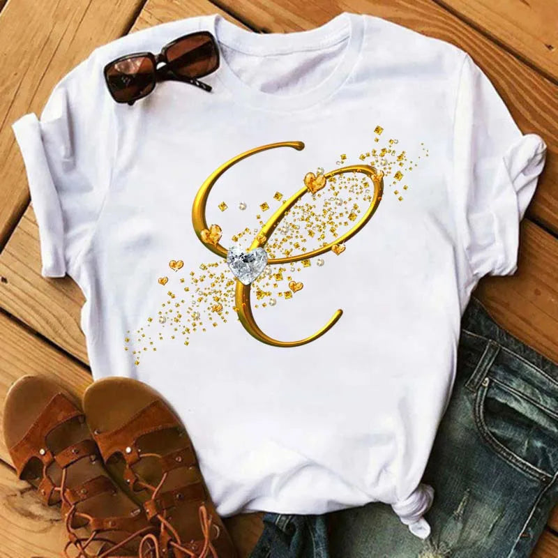 Women's Personalized Letter Graphic Tee — Gold Diamond-Font Monogram Short-Sleeve Top