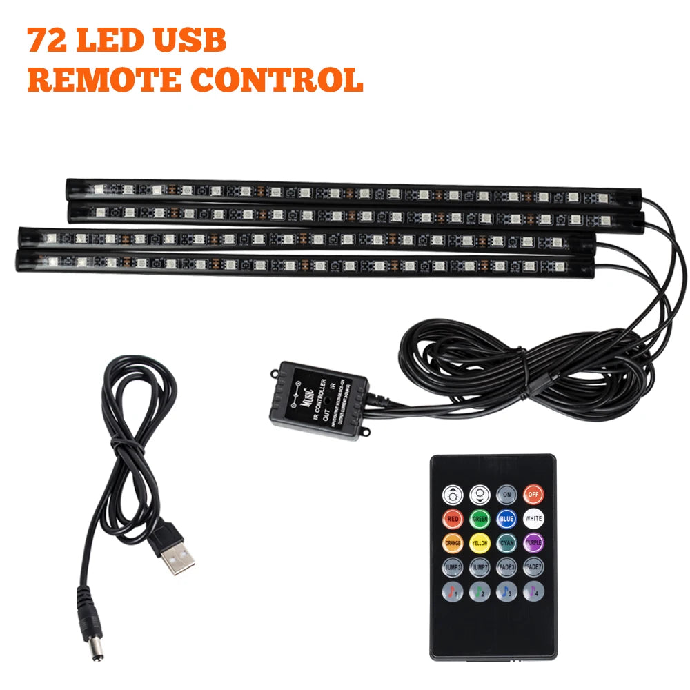 RGB LED Car Interior Ambient Light Strip – 36/48/72 LED Remote & App Music Control | USB or Cigarette Lighter | Atmosphere Foot Light
