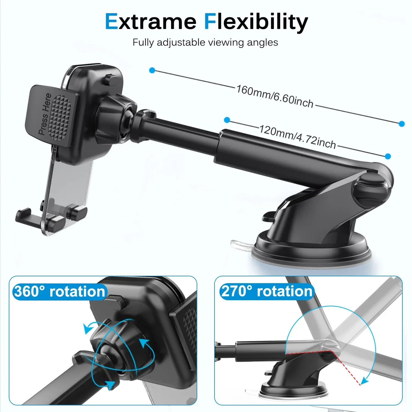 Car Phone Holder for Dashboard & Windshield – Universal Clip Mount for 4.7–7" Phones
