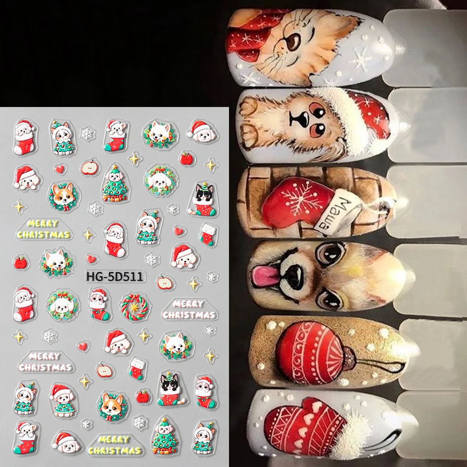 5D Embossed Cartoon Bear Snowflake Nail Stickers Christmas Trees Bow Self-Adhesive Decals for Nails Winter Christmas Nail Decor