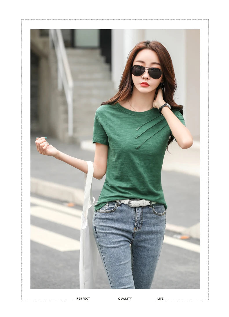 Women's slub cotton button tee, loose crew neck — view 14 of 20