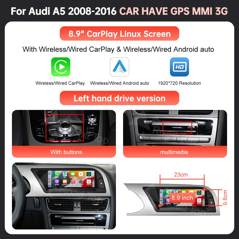 8.9'' 12.3" Car Multimedia Display Linux Screen For Audi A5 S5 2008-2016 With Wireless Carplay Android Auto Airplay Autolink