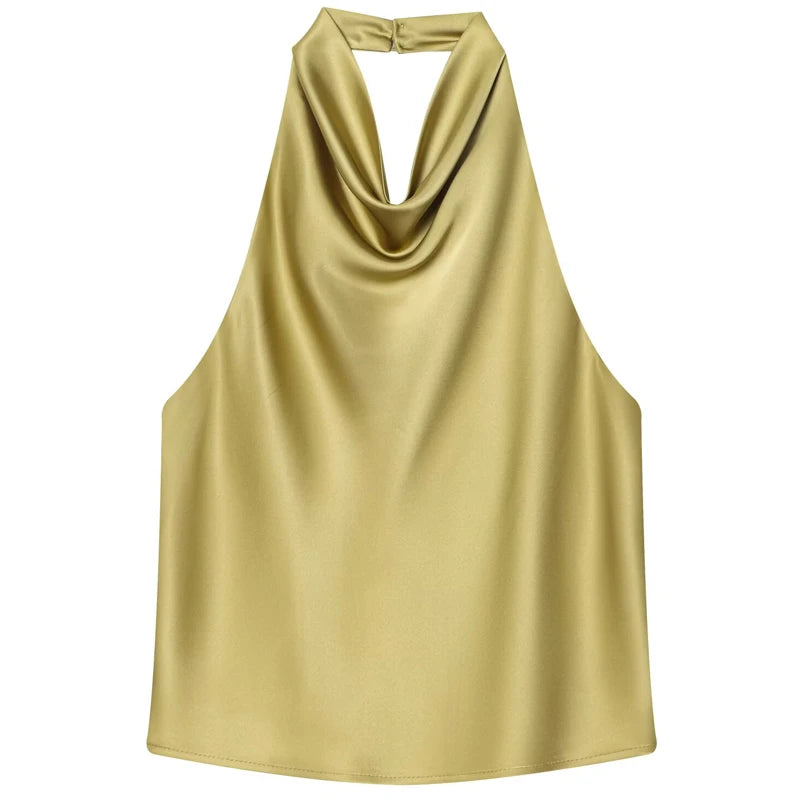 Women's Satin Halter Crop Top — Off-Shoulder Backless Sleeveless Cami